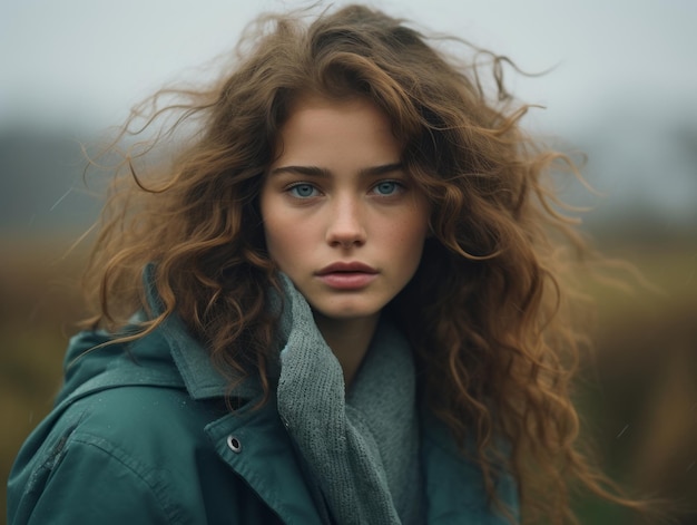 a woman with long curly hair in the rain