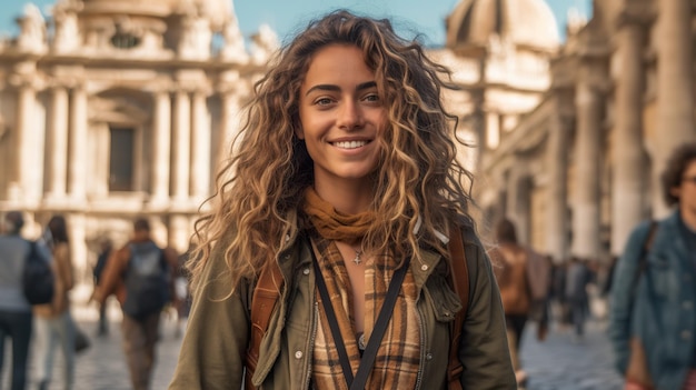 A woman with long curly hair standing in front of a building generative ai image