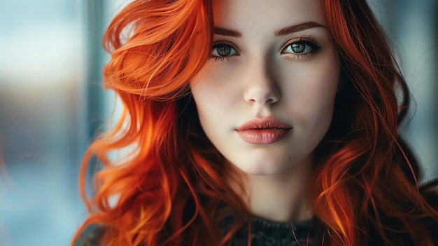 A woman with long curly red hair looks at the camera