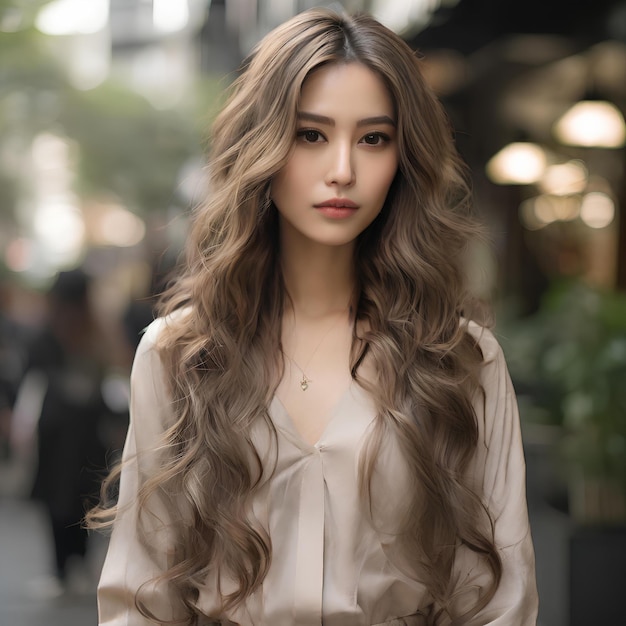 a woman with long dark beige hair adorned with soft white ish highlights and balayage