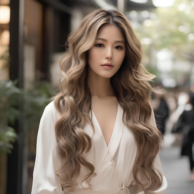 a woman with long dark beige hair adorned with soft white ish highlights and balayage