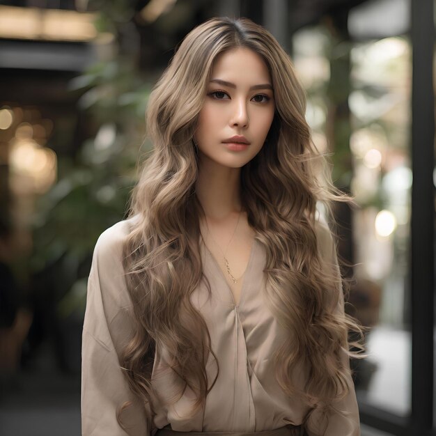 a woman with long dark beige hair adorned with soft white ish highlights and balayage