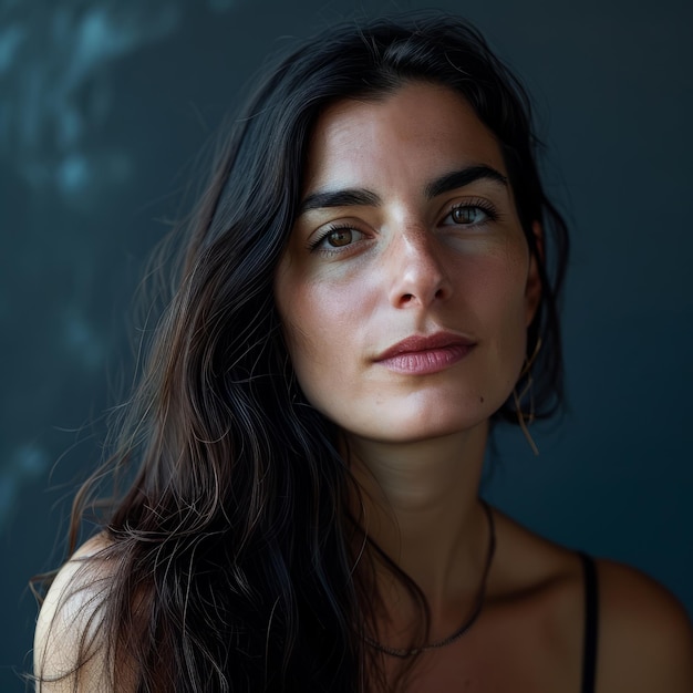 A woman with long dark hair is looking at the camera