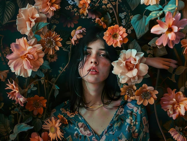 Photo a woman with long dark hair lies in a bed of colorful flowers looking up at the camera with a dreamy expression