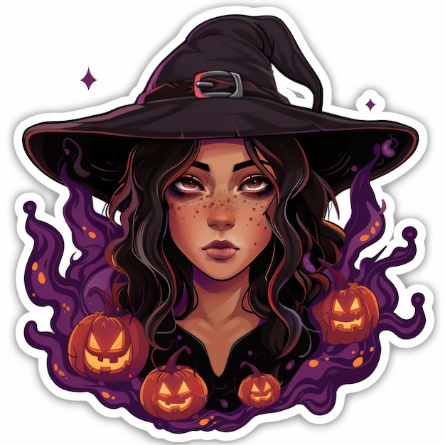 A woman with long dark hair and a pointed witch39s hat smiles knowingly at the viewer while three jackolantern pumpkins glow brightly in the dark purple background