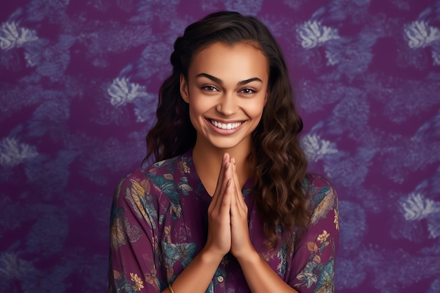 A woman with long dark hair and a purple shirt smiles in front of a purple background