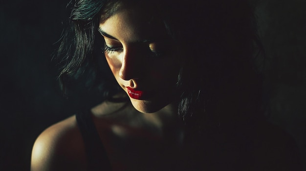 Photo a woman with long dark hair and a red lip looks into the distance