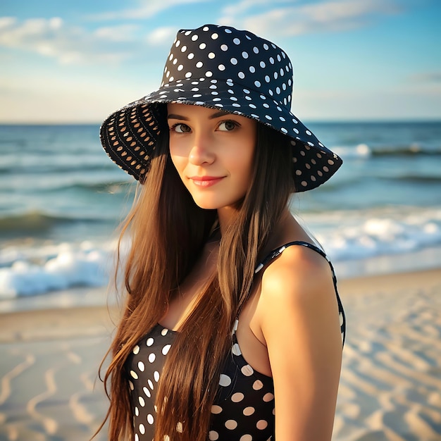 A woman with long dark hair stands on the beach we nice backgroundAI generator