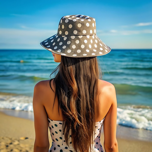 A woman with long dark hair stands on the beach we nice backgroundAI generator