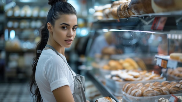 A woman with long dark hair works in a bakery wearing a shortsleeved blouse and apron focused and pr