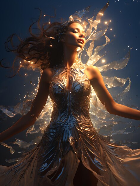 Photo a woman with long flowing hair wearing a silver dress stands with her arms outstretched surrounded by shimmering lights