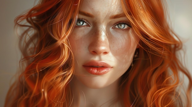 A woman with long flowing red hair and freckles looks directly at the camera