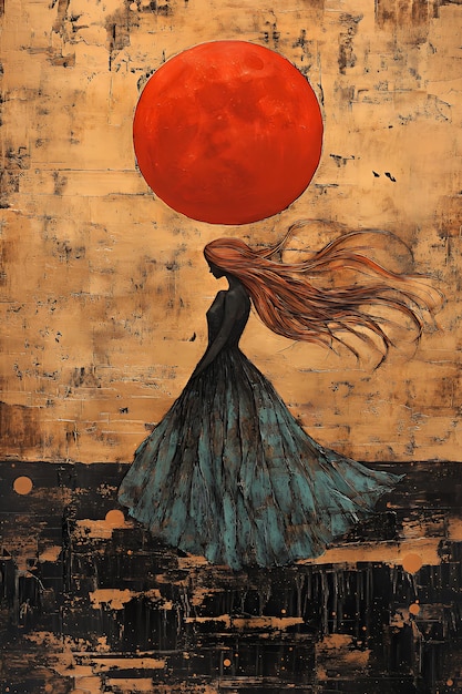 A woman with long flowing red hair stands in front of a large red sun in an abstract painting