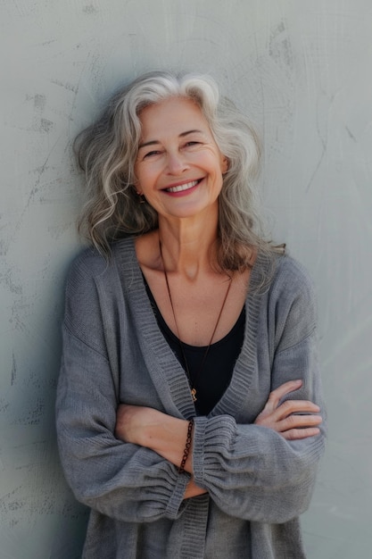 A woman with long gray hair is smiling and wearing a gray sweater She is standing against a wall and has her arms crossed