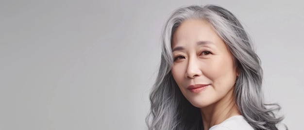 A woman with long gray hair and a serene expression gazes into the distance embodying wisdom and grace against a minimalist background