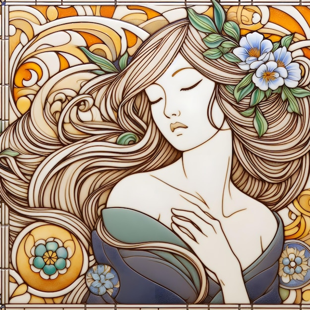 woman with long hair Art Nouveau ceramic tile art