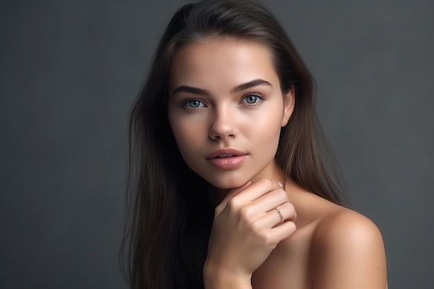 A woman with long hair and a bare shoulders looks at the camera.