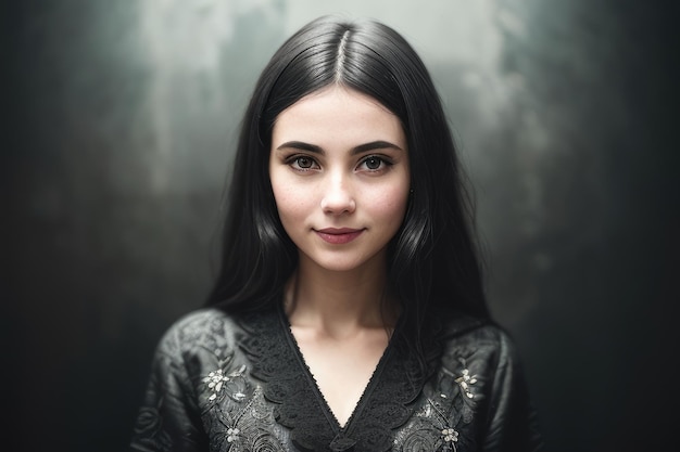 A woman with long hair and a black dress is standing in front of a dark background.