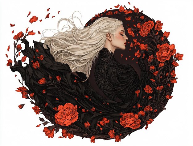 Photo a woman with long hair and a black dress is surrounded by red roses