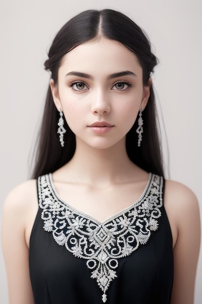 A woman with long hair and a black dress with a beaded collar.