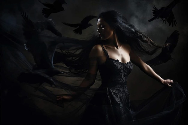 A woman with long hair and a black dress with crows on the bottom.