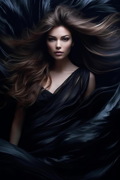 Woman with long hair in black dress with her hair blowing in the wind Generative AI