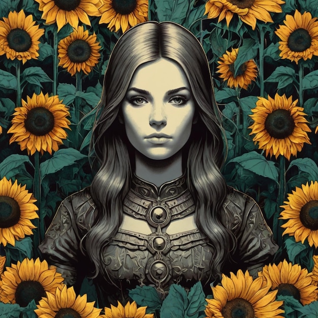 a woman with long hair and a black dress with a picture of a girl in front of sunflowers