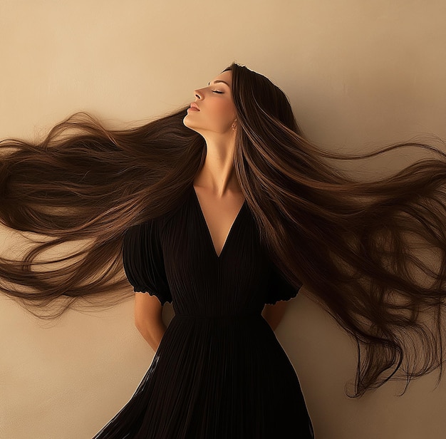 a woman with long hair in a black dress with a white background