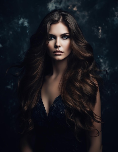 A woman with long hair and a black dress