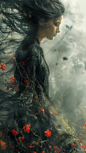 Photo a woman with long hair and a black hair is surrounded by red flowers