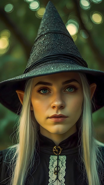 Photo a woman with long hair and a black hat is standing in front of a tree