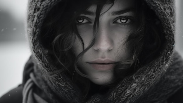 Woman with long hair and black hooded coat