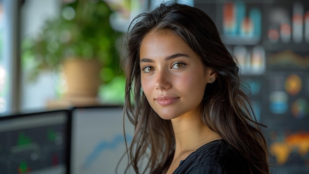 Photo a woman with long hair and a black shirt