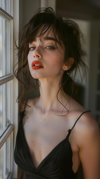 a woman with long hair and a black top is looking out a window