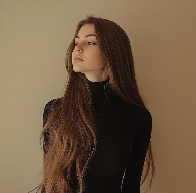 Photo a woman with long hair and a black top is posing for a photo