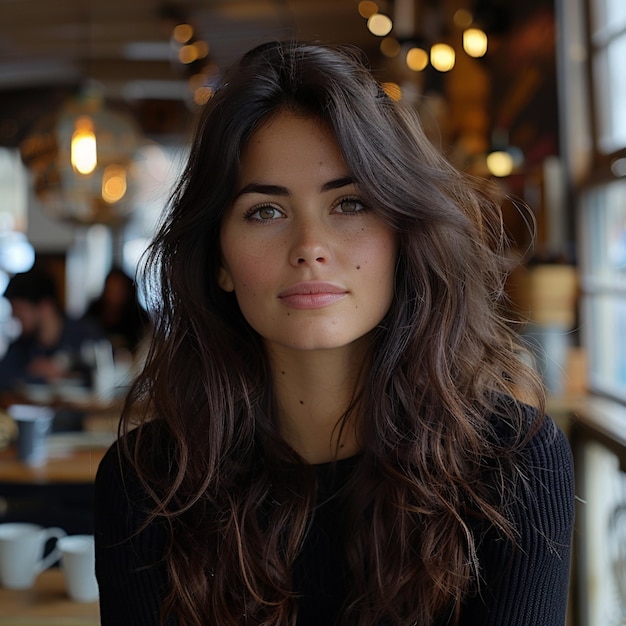 a woman with long hair and a black top is sitting in a restaurant