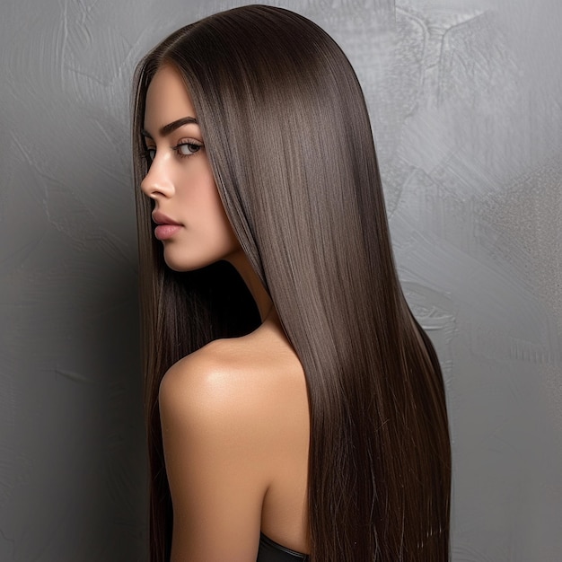 a woman with long hair and a black top with a white background