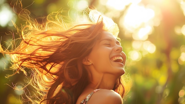 a woman with long hair blowing in the wind