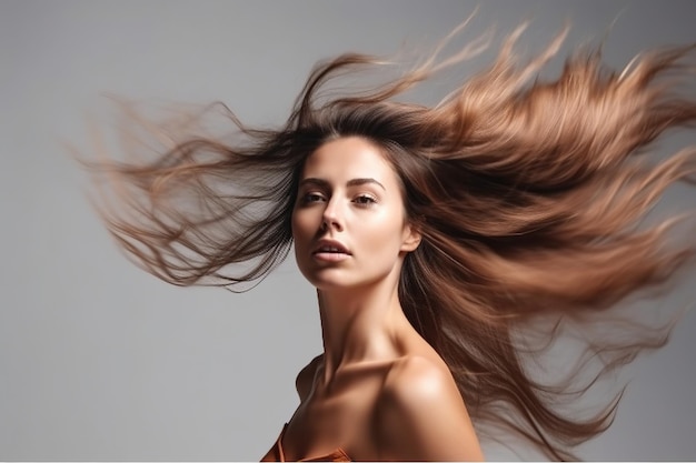 A woman with long hair blowing in the wind