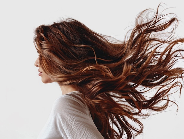 a woman with long hair blowing in the wind