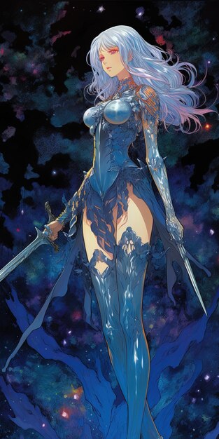 a woman with a long hair and a blue dress is holding a sword