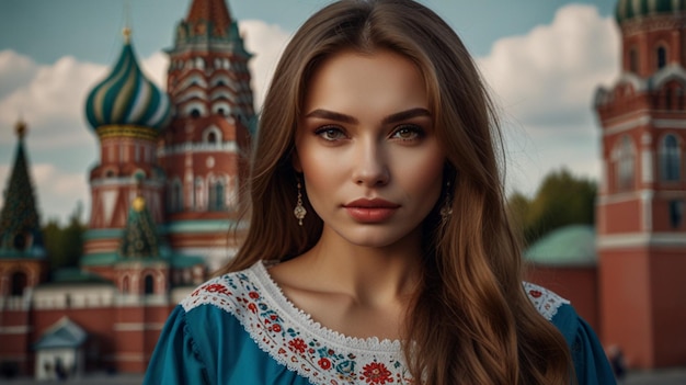 Photo a woman with long hair and a blue dress with a red and white design on the front