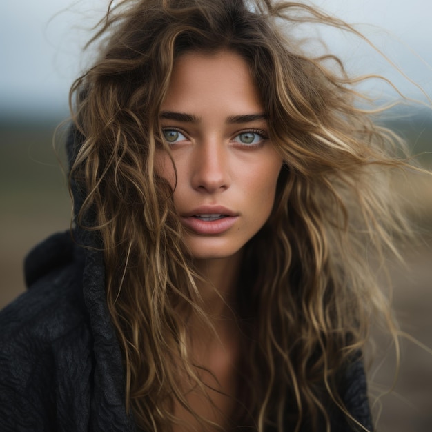 a woman with long hair and blue eyes