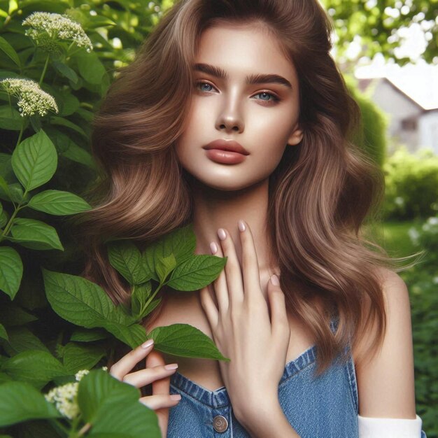 a woman with long hair and a blue shirt is standing in front of a bush with white flowers