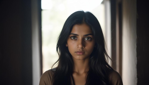 a woman with long hair and a brown shirt