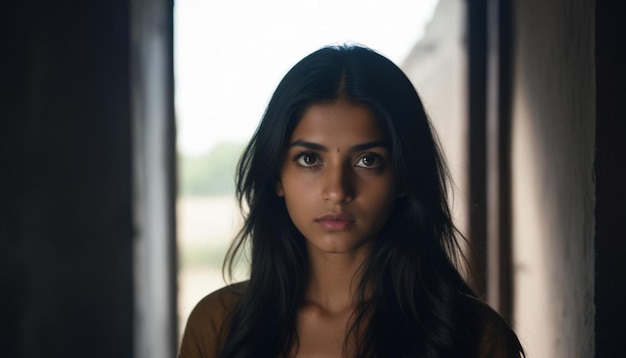 a woman with long hair and a brown shirt