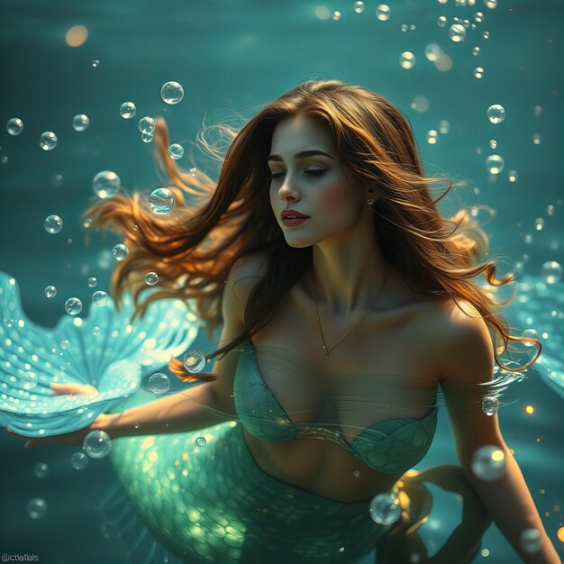 a woman with long hair and a butterfly in the water