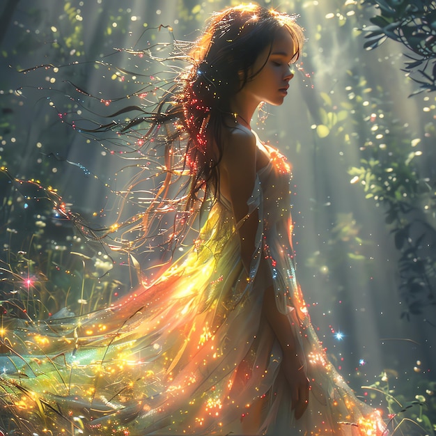 a woman with long hair and a colorful dress is standing in the sun