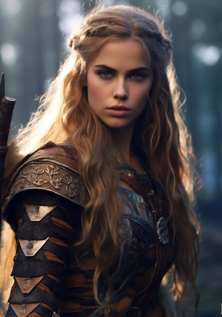 Photo a woman with long hair and a crown is standing in front of a wall that says  shes a warrior