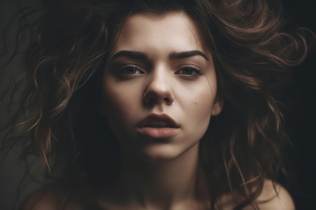 A woman with long hair and a dark background